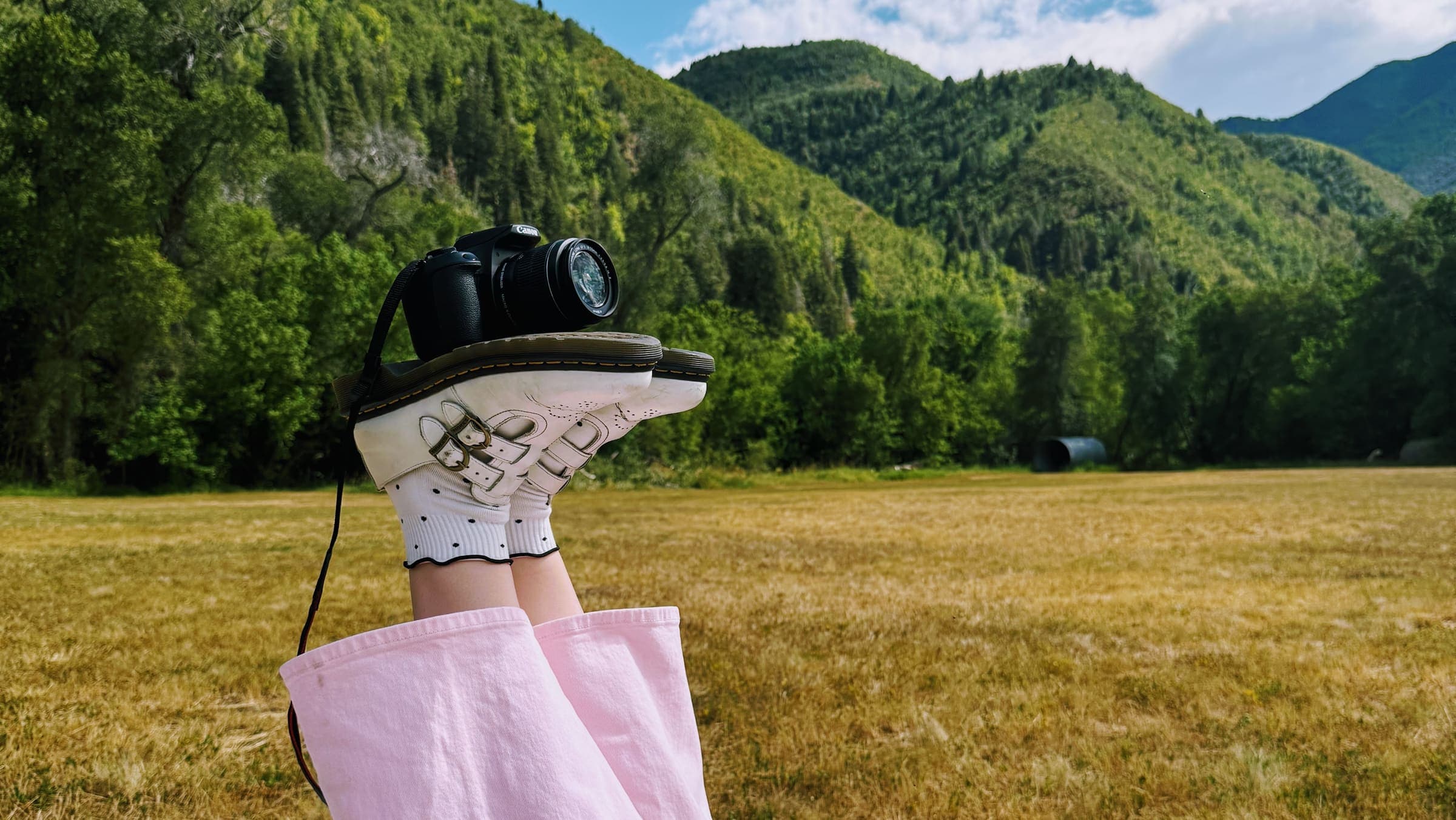 Feet in pink pants kicked up in a golden field, a camera balanced on top, mountains behind